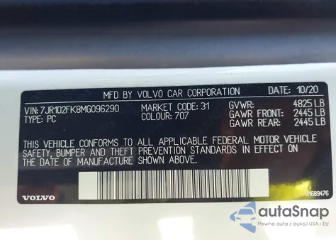 2021 Volvo S60 T5 Momentum from USA, damaged, VIN 7JR102FK8MG096290